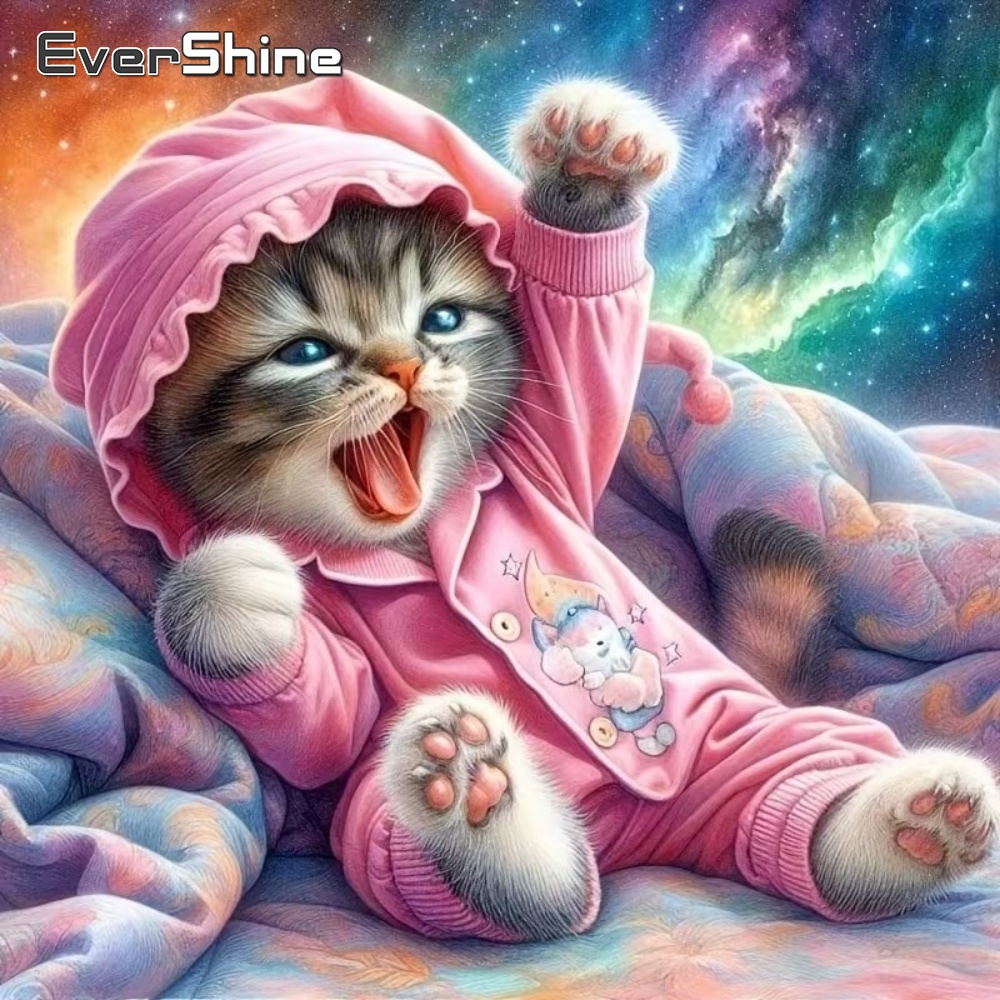 Resin Art Wallpaper - ภาพวาดเพชร EverShine ลายแมว งานปักเพชรสำหรับผู้ใหญ่และผู้เริ่มต้น ภาพโมเสคการ์ตูน DIY