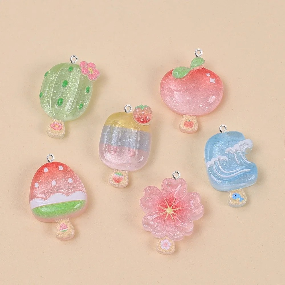 Resin Art Glitter - จี้เรซิ่นรูปไอศกรีมฤดูร้อนน่ารัก 10 ชิ้น ลายกระบองเพชร ดอกพีช กลิตเตอร์